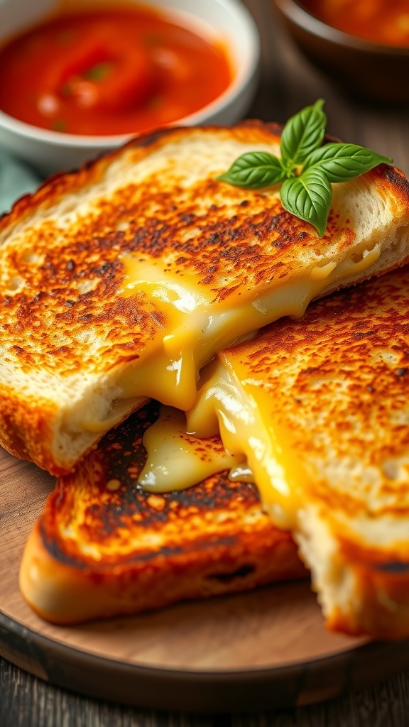 A crispy grilled cheese toast with melted cheese, served with a bowl of tomato soup on a rustic table.